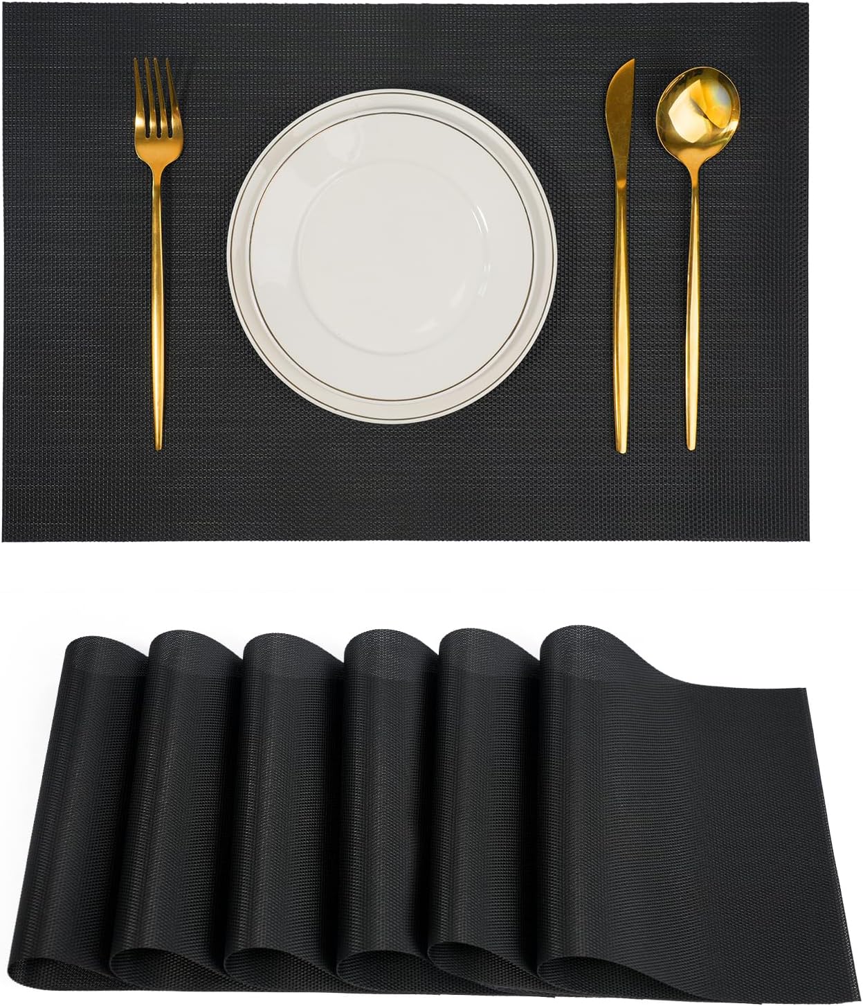 Placemats Set of 6，Non-Slip PVC Weave Table Mats Easy to Clean，Heat Resistant Place Mats for Kitchen Dining Table Decoration Indoor Outdoor，Black