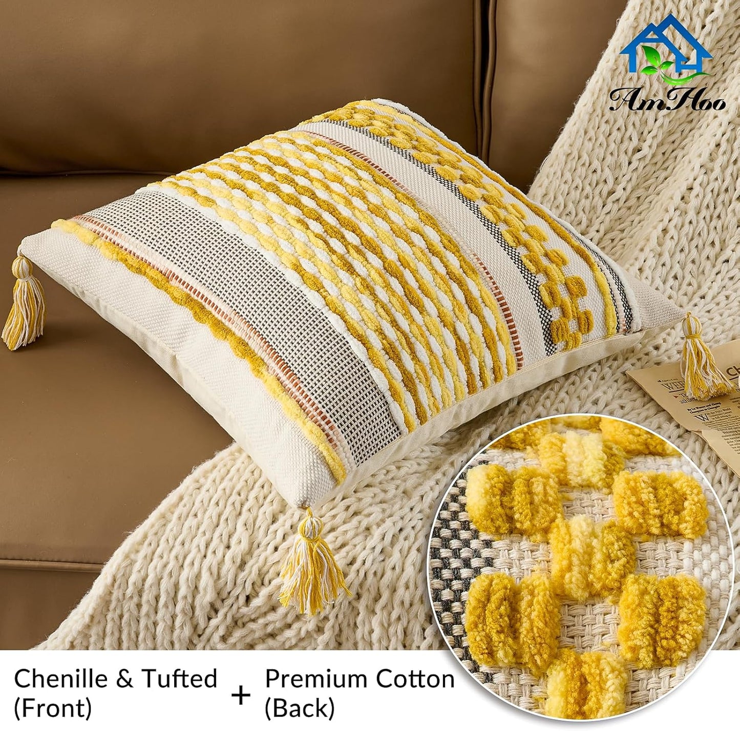 AmHoo Chenille Striped Textured Boho Throw Pillow Covers Aesthetic with Tassels Woven Decorative Pillow Case for Couch Bed Sofa Bedroom Modern Funky 18 x 18-Inch Yellow