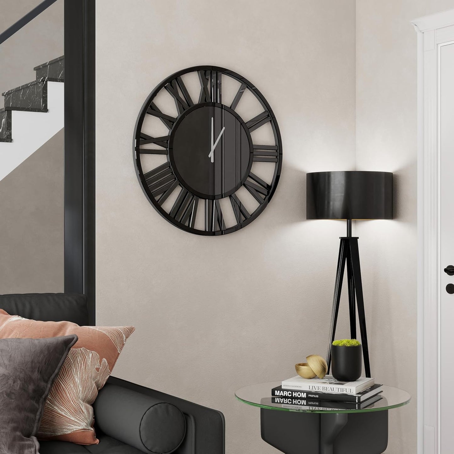 SHYFOY Large Wall Clock - 23.6" Modern Black Wall Clock with Roman Numerals, Decorative Wall Clocks for Living Room, Bedroom, Office - Easy to Hang, Silent Non-Ticking