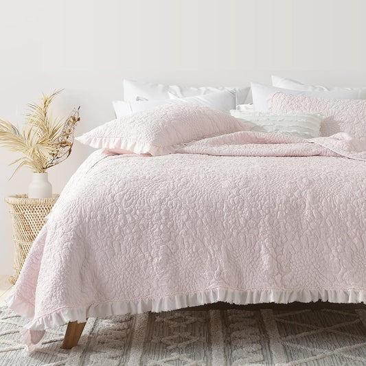 HORIMOTE HOME Pink Ruffled Quilt Twin Size, Stone-Washed Microfiber Lightweight Crinkled Farmhouse Rustic Shabby Chic Bedding Set, 2 Pieces Reversible Bedspread with Pillow Sham for All Season