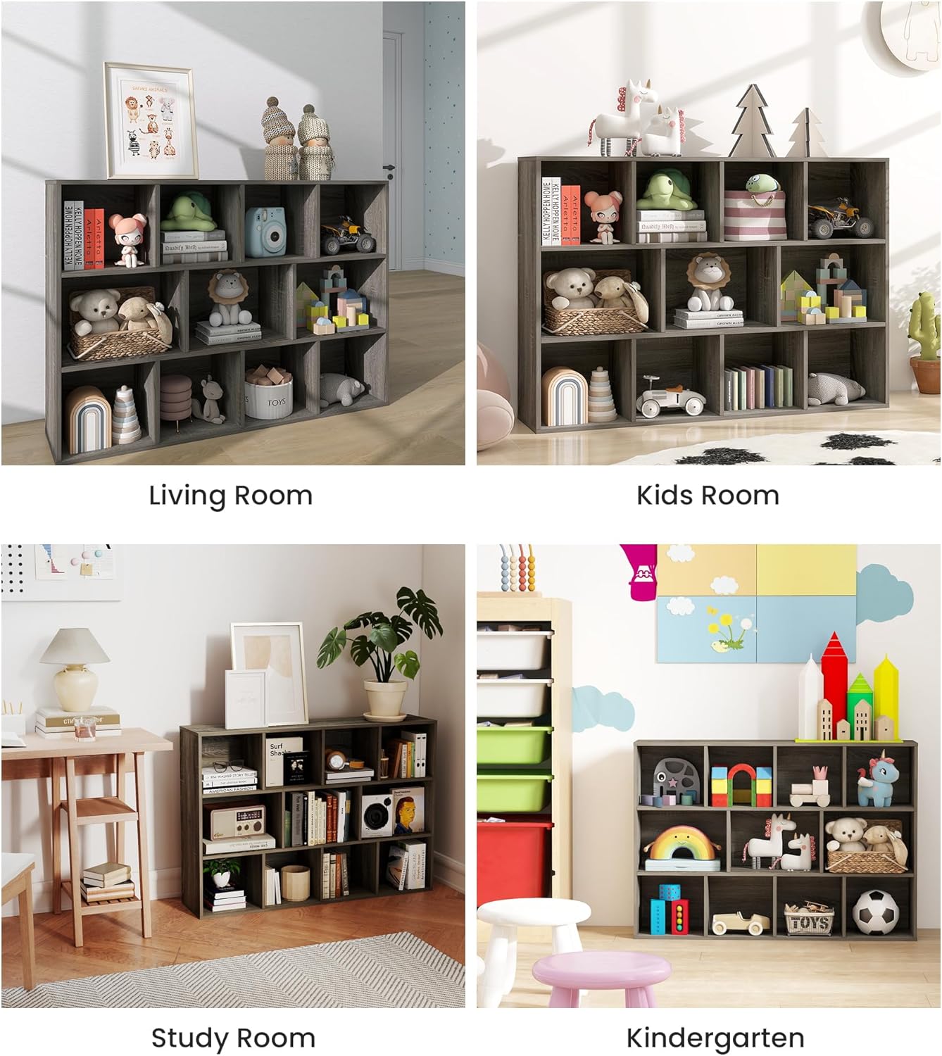 11-Cube Kids Toy and Book Storage Organizer – Wooden Cube Bookcase for Playroom and Nursery Organization, Baby Bookshelf and Kids Shelves for Room or Classroom, French Oak Finish