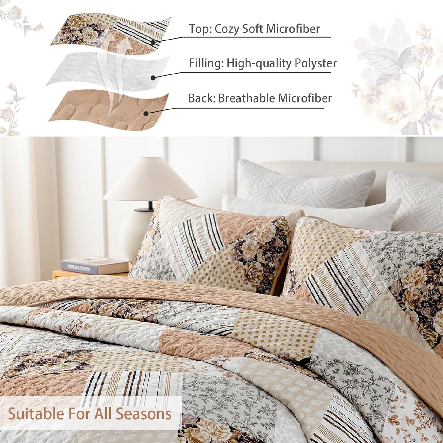 Dobuyly Fall Quilt Queen Size Set, Beige and Brown Floral Plaid Patchwork Bedspread Reversible Coverlet Set 3 Pieces, Soft Lightweight Microfiber Bedding Set for All Season, 96"x90"