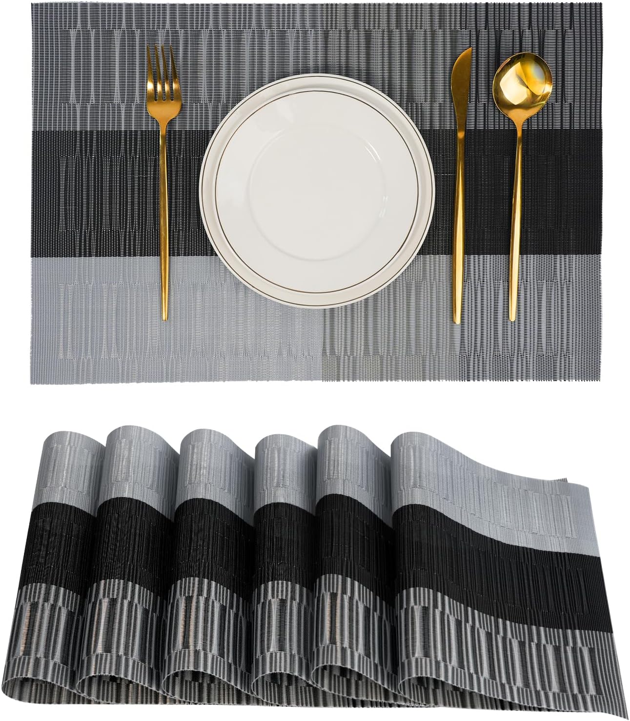 Placemats Set of 6，Non-Slip PVC Weave Table Mats Easy to Clean，Heat Resistant Place Mats for Kitchen Dining Table Decoration Indoor Outdoor，Black Gray