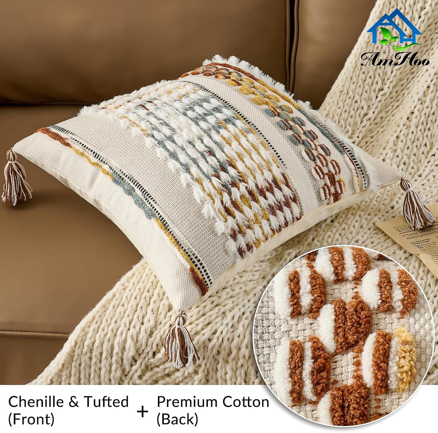 AmHoo Chenille Striped Tufted Textured Boho Throw Pillow Covers Aesthetic with Tassels Woven Decorative Pillow Case for Couch Bed Sofa Bedroom Modern Funky 18 x 18-Inch Brown White