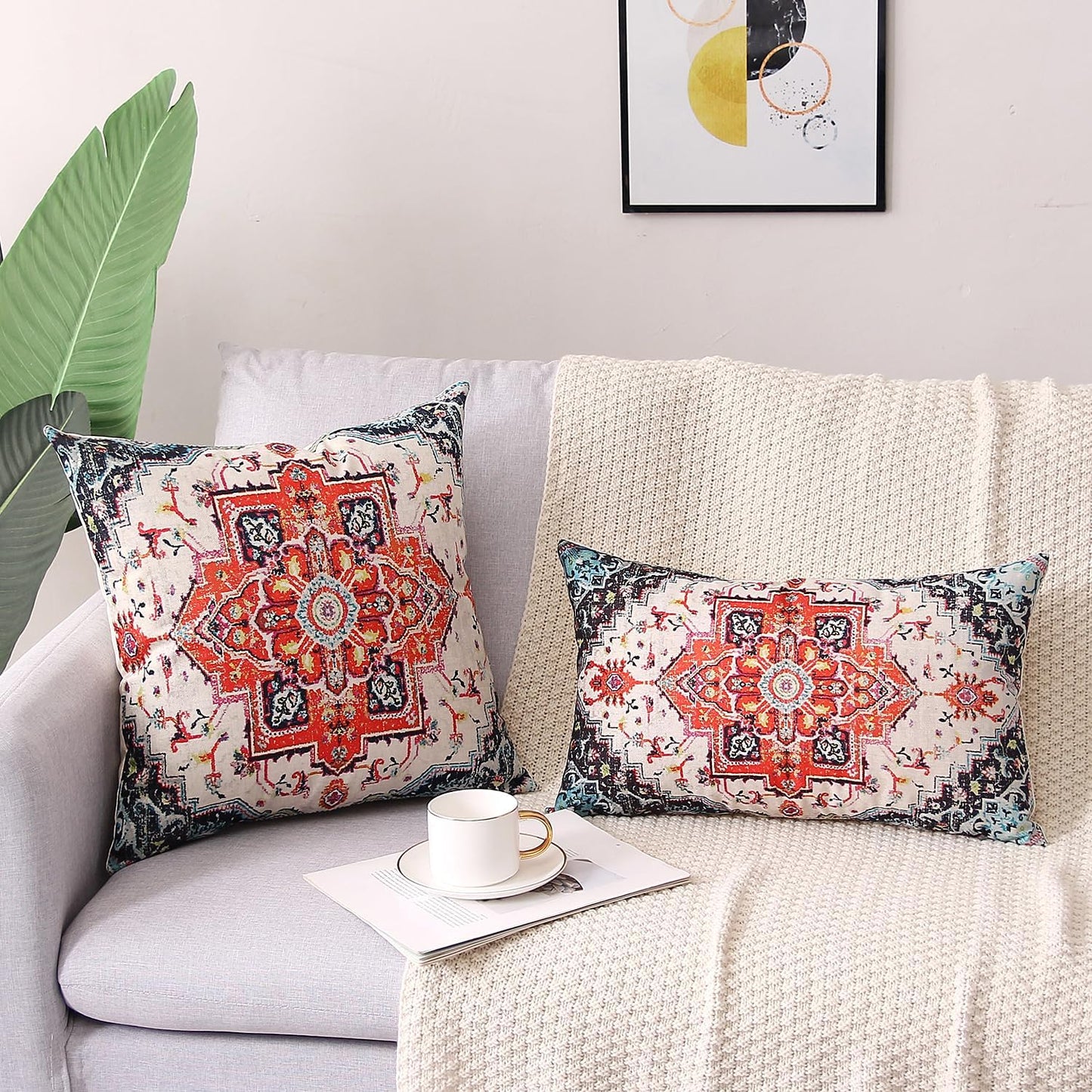 Outdoor Waterproof Pillow Covers 18 x 18 Inch Set of 2 Orange Bohemian Vintage Carpet Pattern Pillow Covers Ethnic Design Decorative Farmhouse Pillow Covers for Couch Garden Balcony, Boho-7