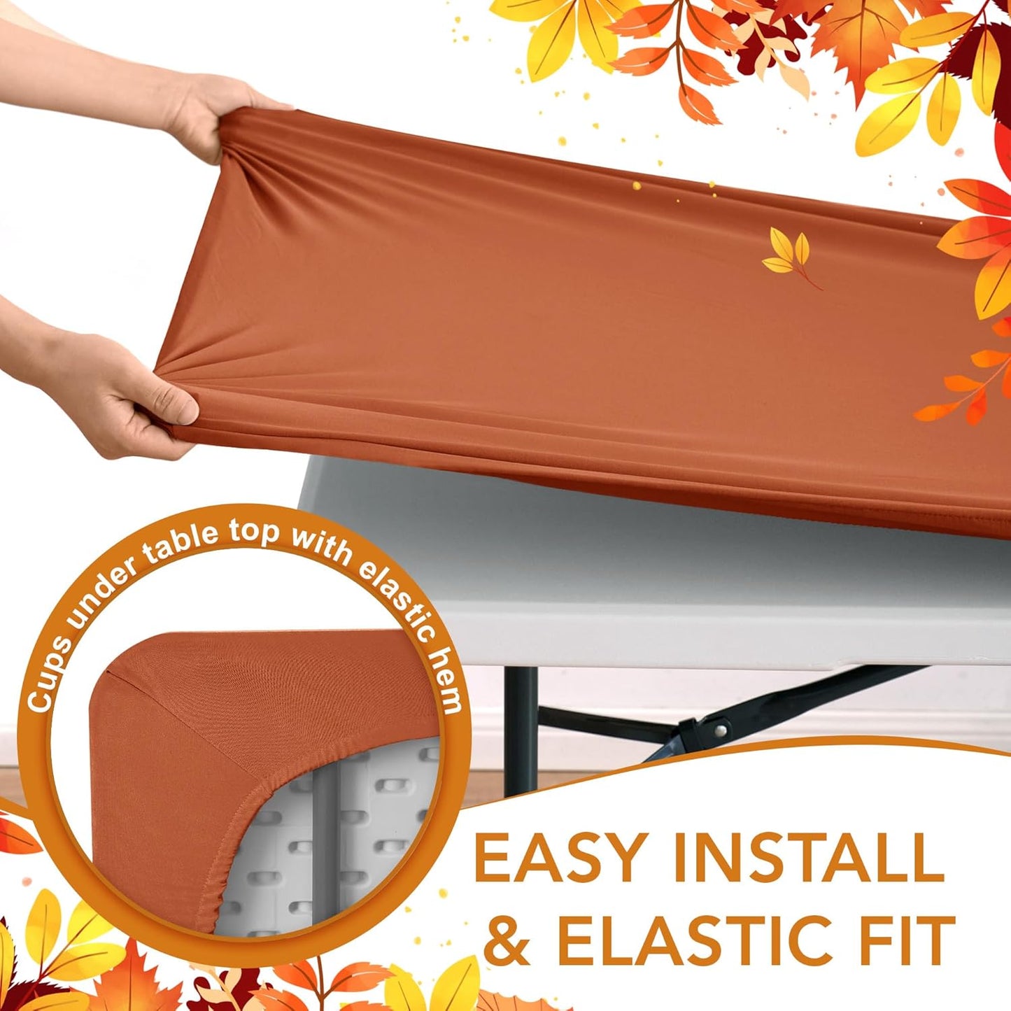 Fitted Tablecloth for 8 Foot Rectangle Tables-6 Pack Rust Elastic Outdoor Picnic Table Cover-Spandex Stretch Folding Table Cloths 8ft for Camping Dining Room Patio Kitchen Banquet Party