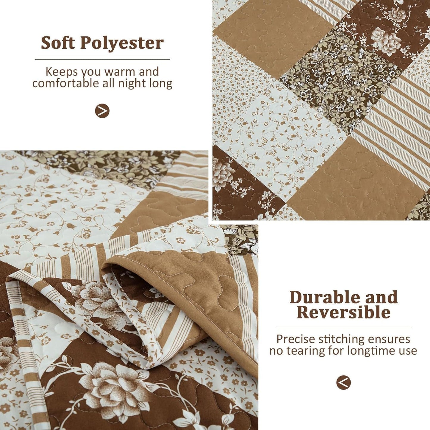 Dobuyly Fall King Size Bedspread, Brown Floral Plaid Patchwork King Size Quilts Fall Bedding Set, Soft Lightweight Microfiber Coverlet Set (1 Quilt, 2 Pillow Shams)