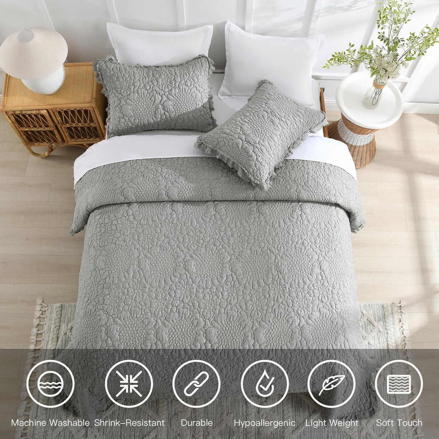 HORIMOTE HOME Dark Grey Ruffled Quilt Twin Size, Stone-Washed Microfiber Lightweight Crinkled Farmhouse Rustic Shabby Chic Bedding Set, 2 Pieces Reversible Bedspread with Pillow Sham for All Season