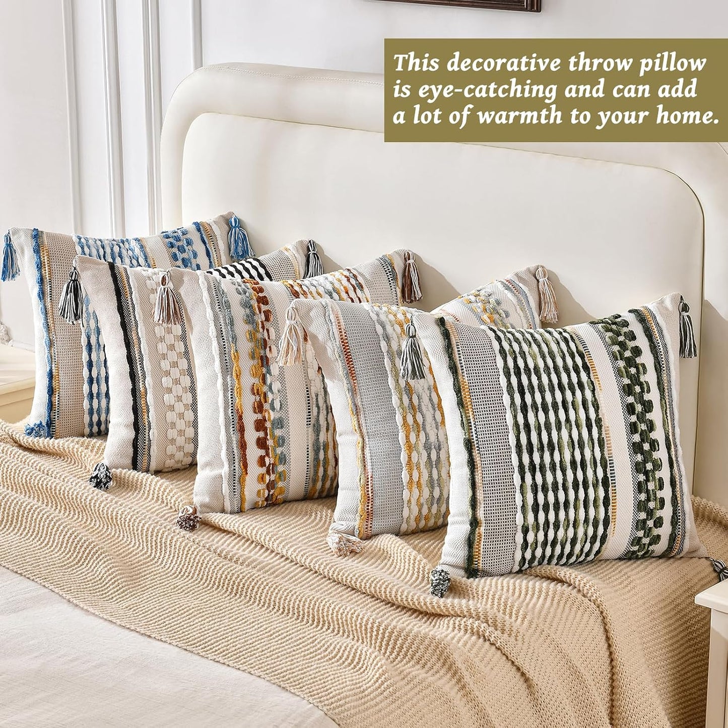 AmHoo Chenille Striped Textured Boho Throw Pillow Covers Aesthetic with Tassels Woven Decorative Pillow Case for Couch Bed Sofa Bedroom Modern Funky 18 x 18-Inch Grey