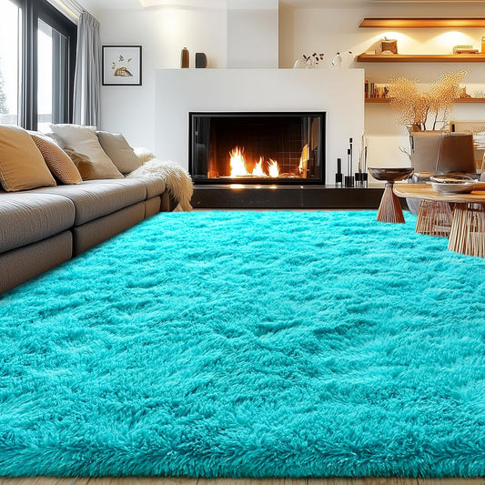 Rezutan Soft Fluffy Rug for Living Room Bedroom,Comfy Modern Large Shaggy Fuzzy for Kids Rug, Plush Indoor Nursery Classroom Home Decor Bedside with Non-Slip Bottom, Teal Blue, 8 X 10 Feet