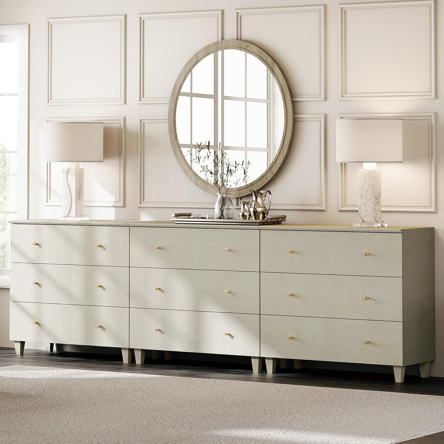 WAMPAT Dresser with 9 Drawers for Bedroom, 106" Wide Wooden Chest of Drawers, Modern Long Dressers Closet Storage Organizer with Solid Wood Legs for Living Room, Kids Room, Nursery, Beige