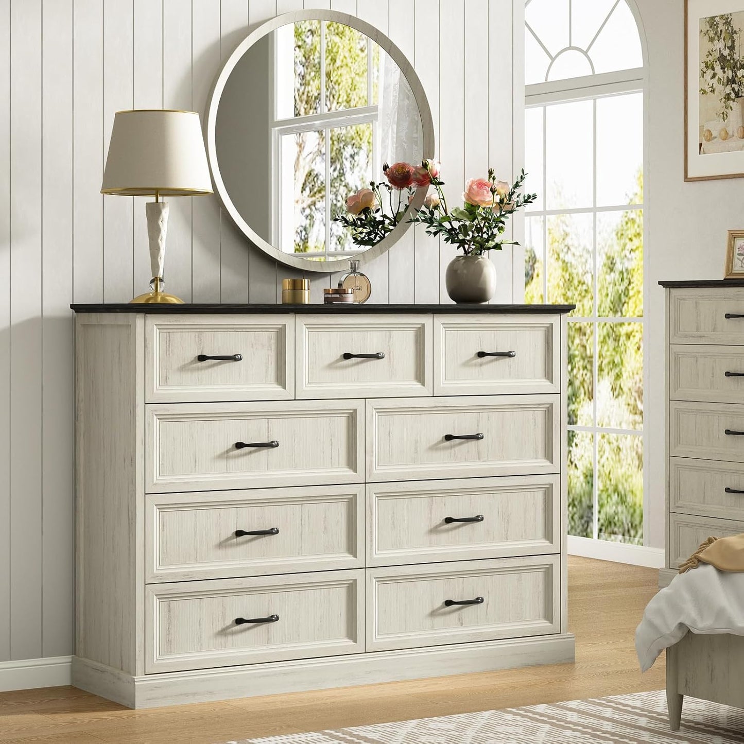 Farmhouse 9 Drawer Dresser for Bedroom, 55 Inch Wide Modern White Dresser TV Stand with Large Drawers & Bar Handles, Rustic Wood Chest of Drawers for Bedroom, Living Room, Hallway, Entryway.