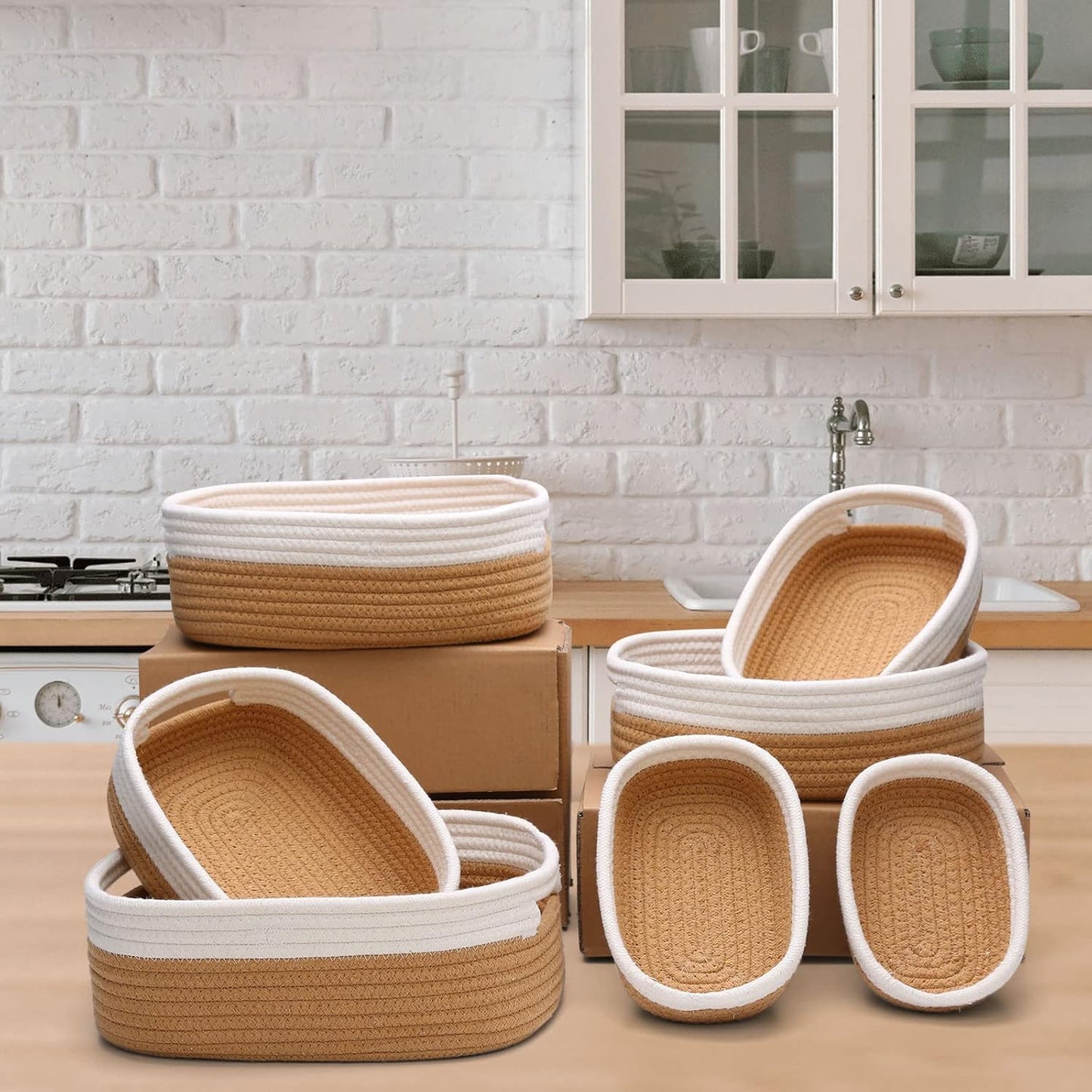 7 Piece Cotton Rope Woven Basket Set - Small Basket for Baby Nursery, Pets, Montessori, Dog & Cat Toy Boxes, Bathroom Organization Bins (White/Jute)