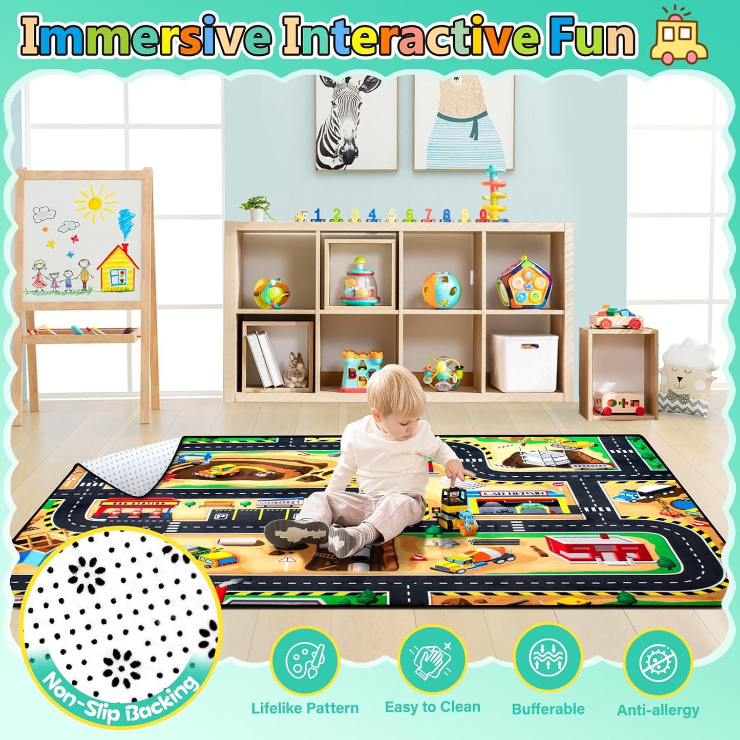 Kids 3x5 Ft Construction Site Play Rug, Baby Play Mat, Tufted Wool & Rubber, Non-Slip, Stain & Fade Resistant, Machine Washable, Rustic Cartoon Construction Site Pattern