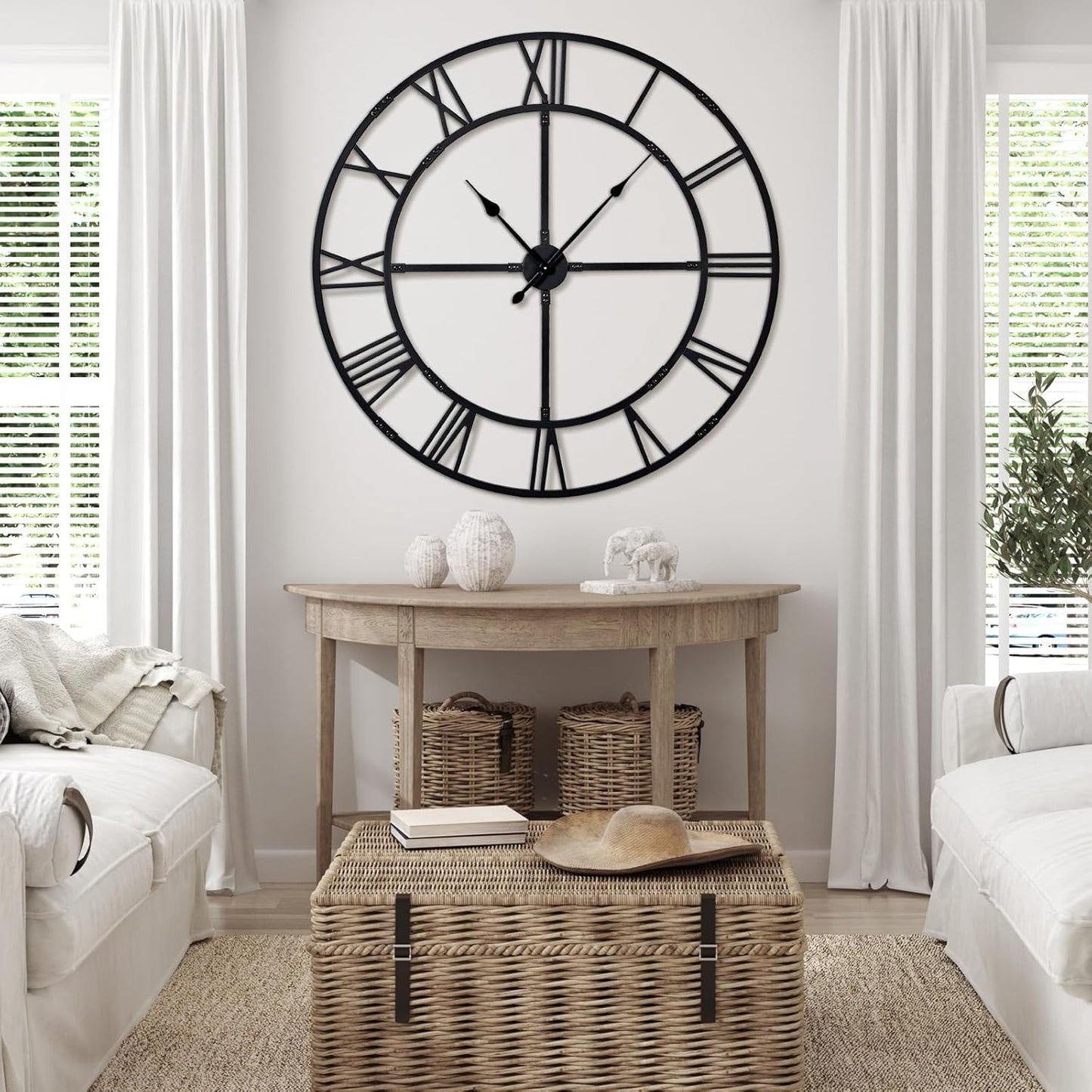 Oversized 48 inch Wall Clock for Living Room Decor – Extra Large Silent Non-Ticking Modern Farmhouse Wall Clock, Decorative Metal Roman Numeral Clock, Black