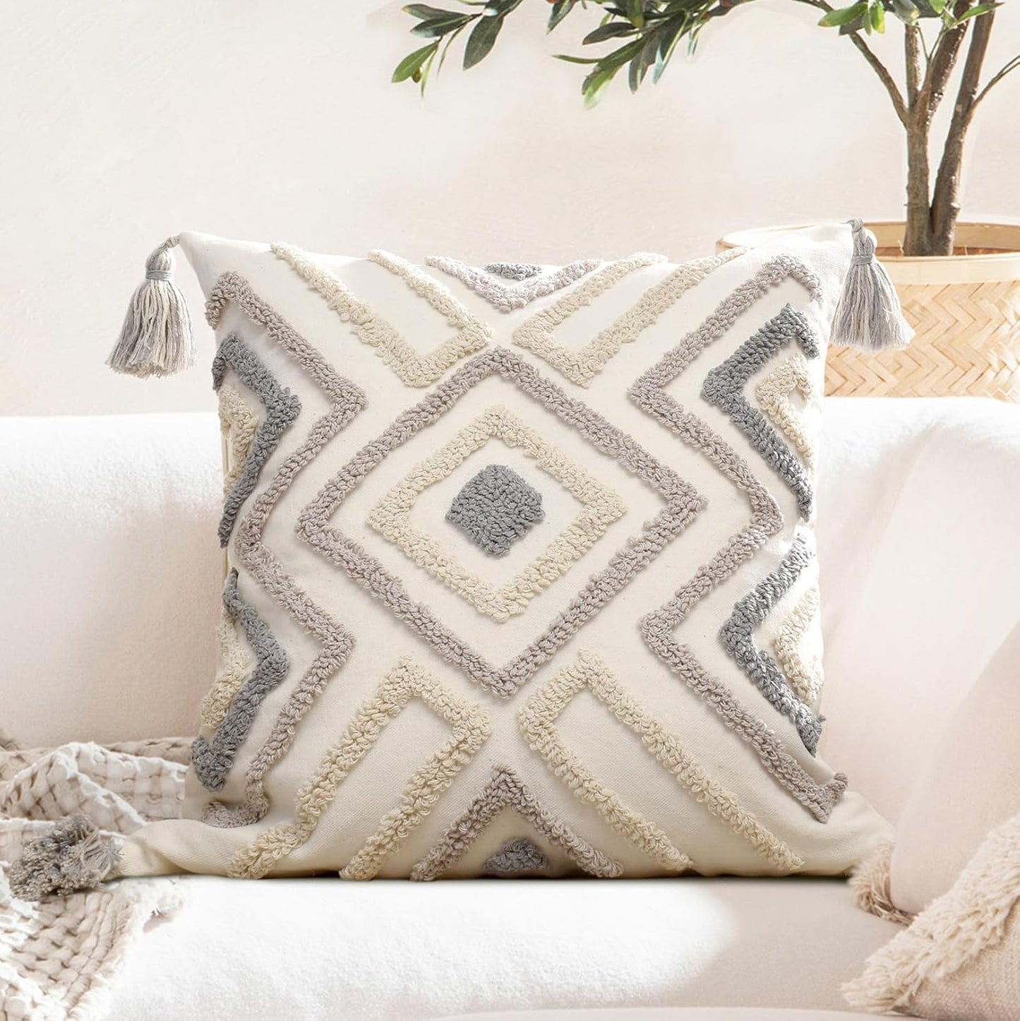 Boho Pillow Covers 20X20 Inch Boho Tufted Throw Pillow Covers Decorative Tassels Cushion Cover Farmhouse Pillow Case for Couch Sofa Bed Living Room Bedroom, Grey Netural