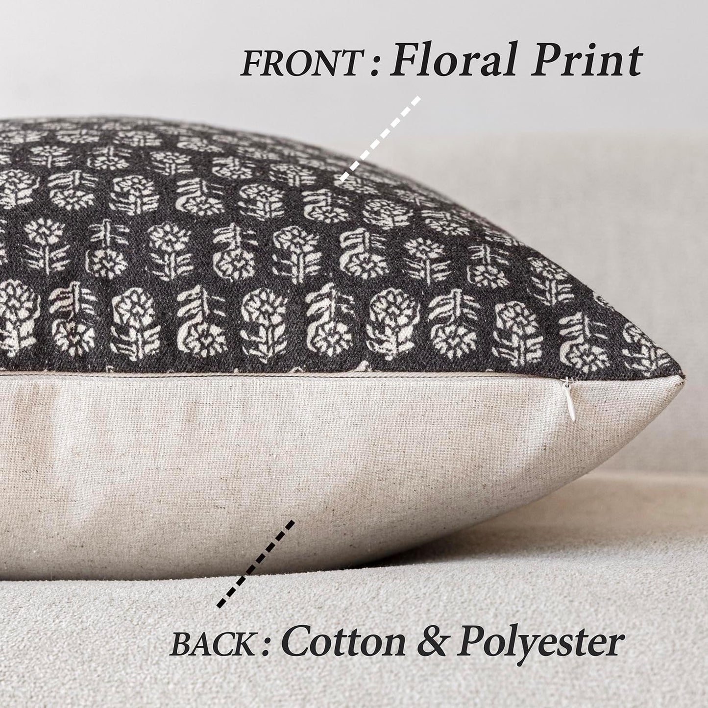 Foindtower Set of 2 Decorative Neutral Floral Print Throw Pillow Covers Vintage Accent Farmhouse Cushion Covers Boho Home Decor for Sofa Couch Chair Bedroom Living Room Outdoor,22×22 Inch,Black
