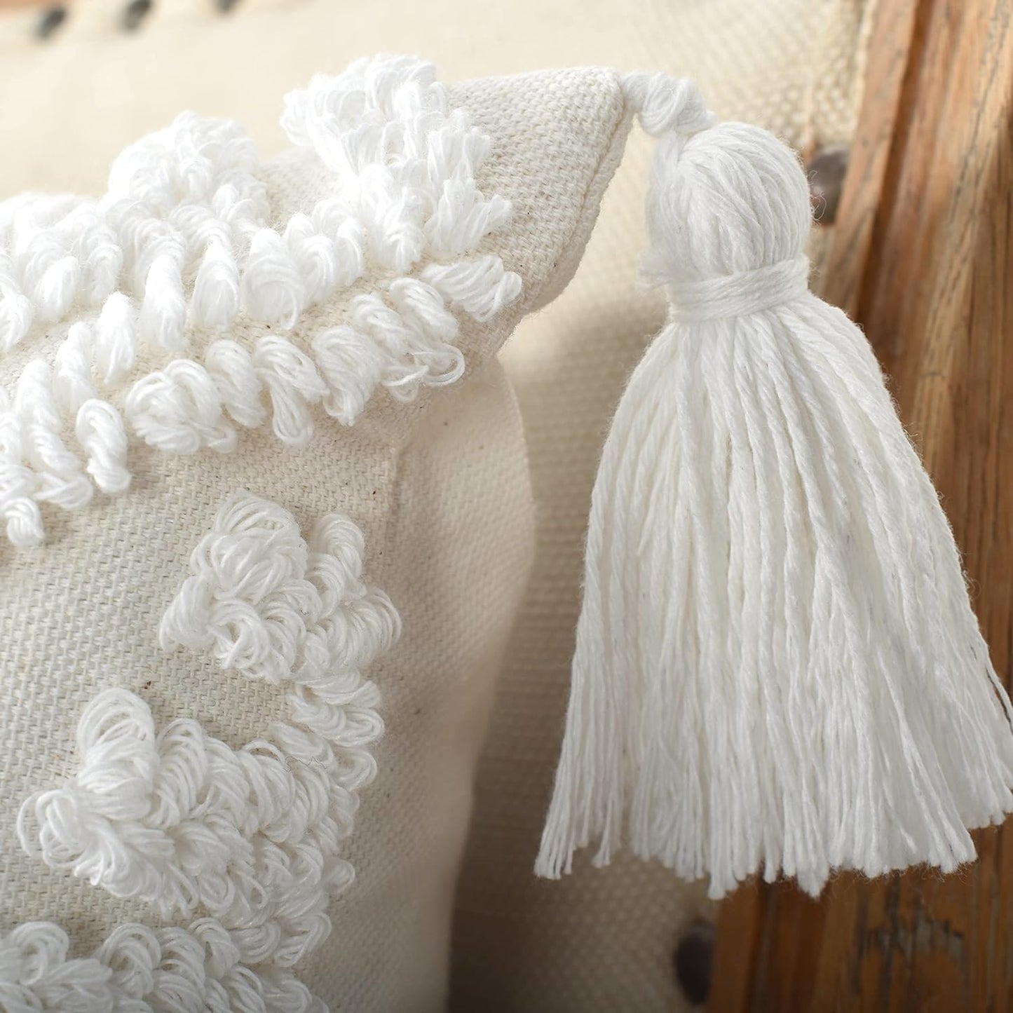 Boho Style Sofa Throw Pillow Covers – Exquisitely Crafted with Hand-Finished Tuft with Thick Cotton Tassel Details – Soft & Stylish Moroccan Decorative, 20x20inch (Spring Ruched)