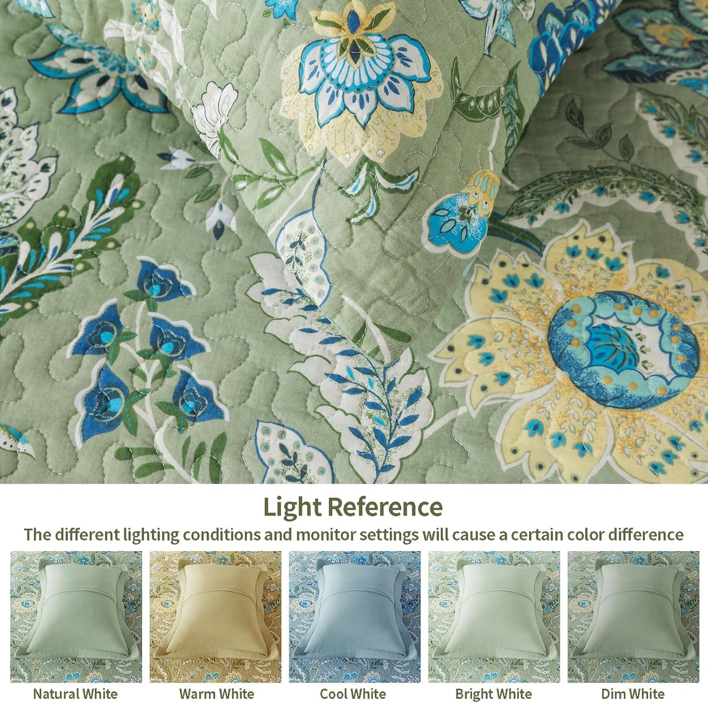 VAPUTAR King Quilt Bedding Set - Cotton Bedspreads King Size (98 x 106 inch) with Floral Pattern, Farmhouse Lightweight King Size Quilt Suitable for All Season（3 Pieces, Olive Green）