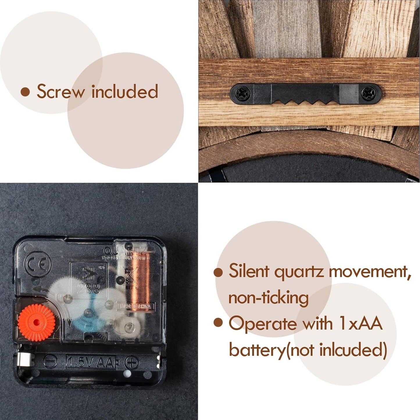 Honiway Wall Clock Battery Operated 12 in Rustic Wood Boho Sunburst Decorative Wall Clock Silent Non Ticking Farmhouse Small Wall Clocks for Living Room Kitchen Bathroom Bedroom Decor (Tricolor)