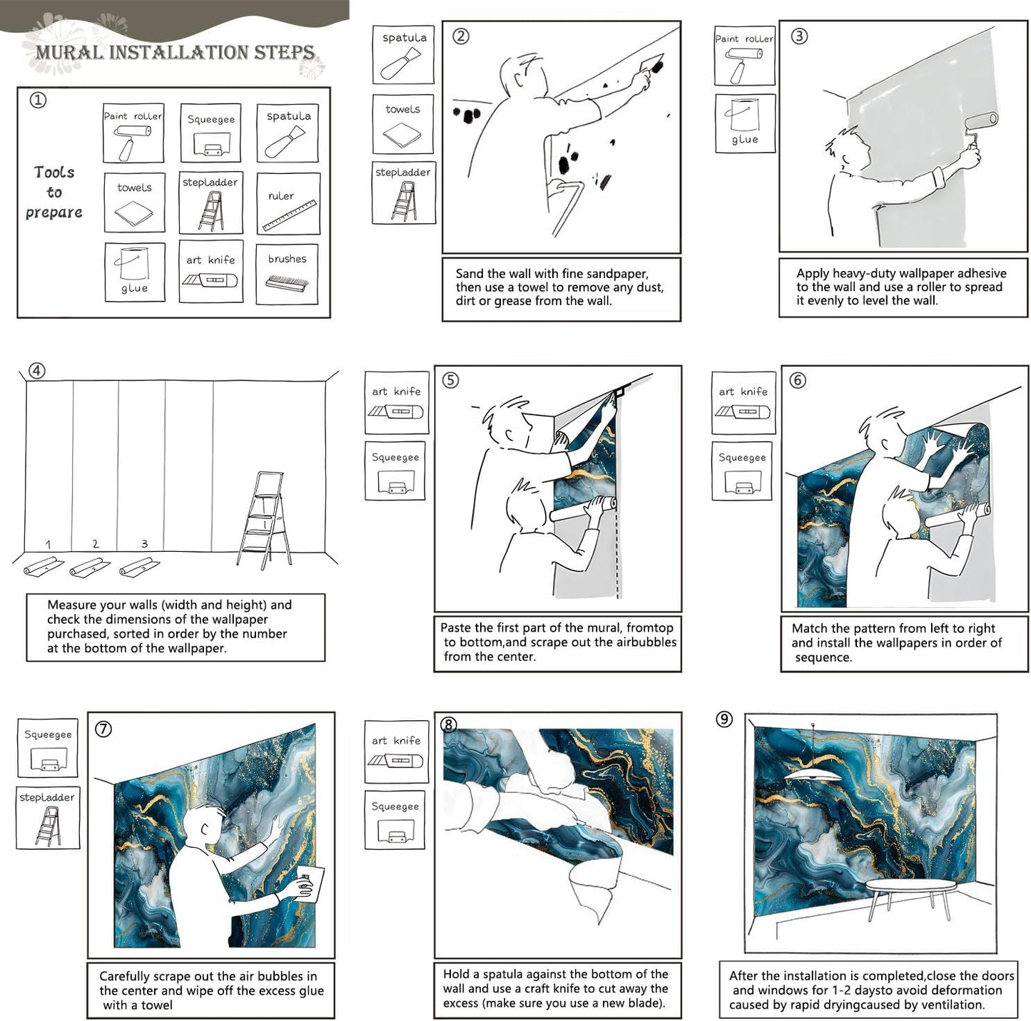 AFZEVEB-Blue and Gold Marble Wallpaper Abstract Art Wall murals for Bedroom 159"x107" (Not Peel and Stick)