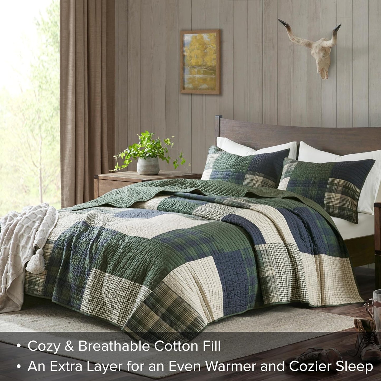 Woolrich Quilt Set Patchwork Channel Quilting, Cottege Coverlet for Twin Size Bed All Seasons, Lightweight Prewashed Cotton Coverlet Bedspread, Shams, Mill Creek, Oversized Twin/Twin XL Green 2 Piece