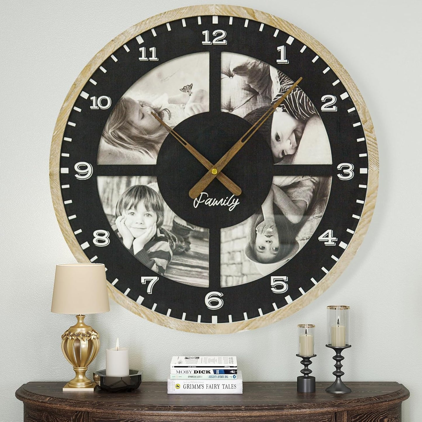 4 Photo Collage Wall Clock-24 Inch Large picture frame clock for Living Room Decor,Modern Big Wall Watch Battery Operated Decorative Clock with Personalized Frames for office ,living room,bedroom