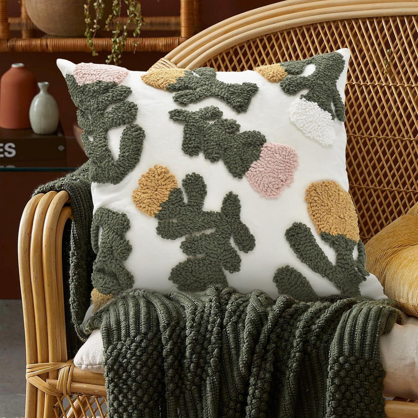 Boho Pillow Covers 18X18 Inch Boho Tufted Throw Pillow Covers Decorative Tassels Cushion Cover Farmhouse Pillow Case for Couch Sofa Bed Living Room Bedroom, Pink Floral