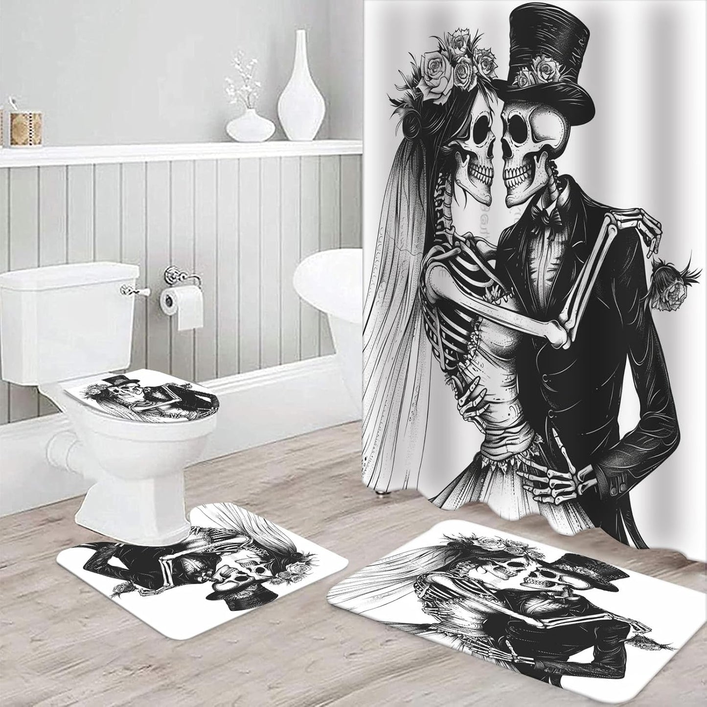 NEWSUYAA Halloween Decorations Shower Curtain Set with Non-Slip Rugs and Bath Mats,Black Skull Skeleton Bathtub Curtains with 12 Hooks,All Saints'Day (Nov 1st) Bathroom Decor