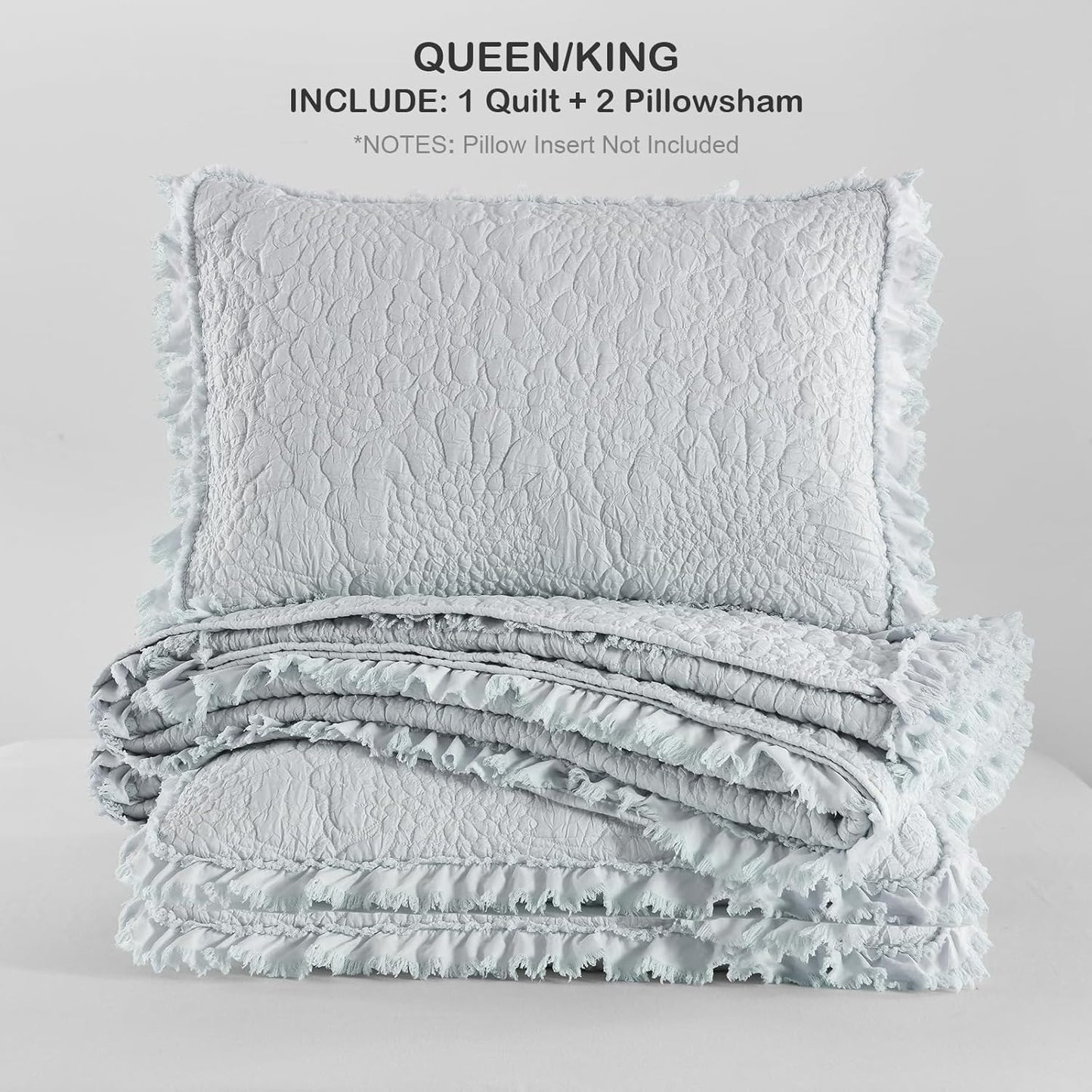 Light Blue Ruffled Quilt King Size, Stone-Washed Microfiber Lightweight Crinkled Farmhouse Rustic Shabby Chic Bedding Set, 3 Pieces Reversible Bedspread Coverlet with Pillow Shams for All Season