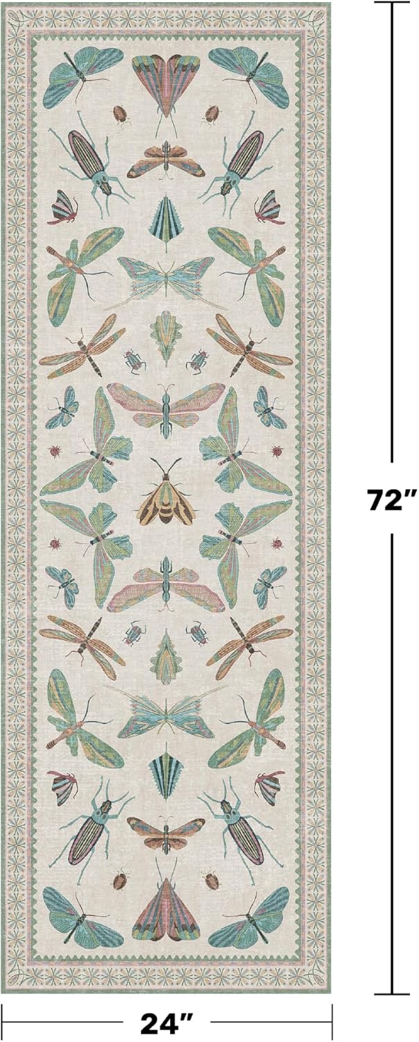 Boho Bathroom Runners - 2x6 Blue and Green Rug for Kitchen, Entry Way, Non Slip Washable Butterfly Insect Print Home Decor