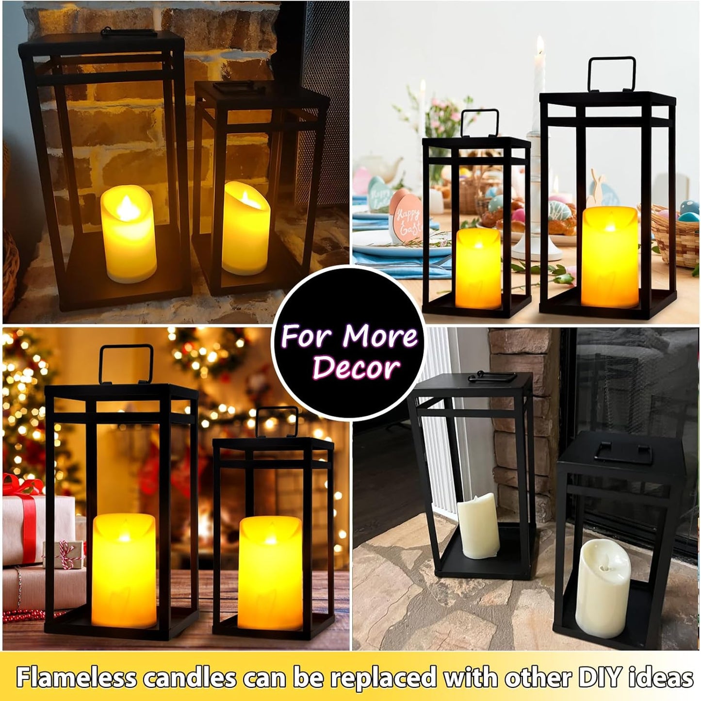 Modern Farmhouse Lantern Decor, 2Pcs Metal Candle Lanterns with Flameless Candles Black Decorative Lantern for Front Porch Covered Patio Dining Table Entryway Table Wedding Home Decor