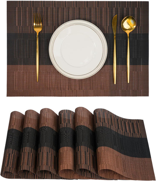 Placemats Set of 6，Non-Slip PVC Weave Table Mats Easy to Clean，Heat Resistant Place Mats for Kitchen Dining Table Decoration Indoor Outdoor，Black Brown