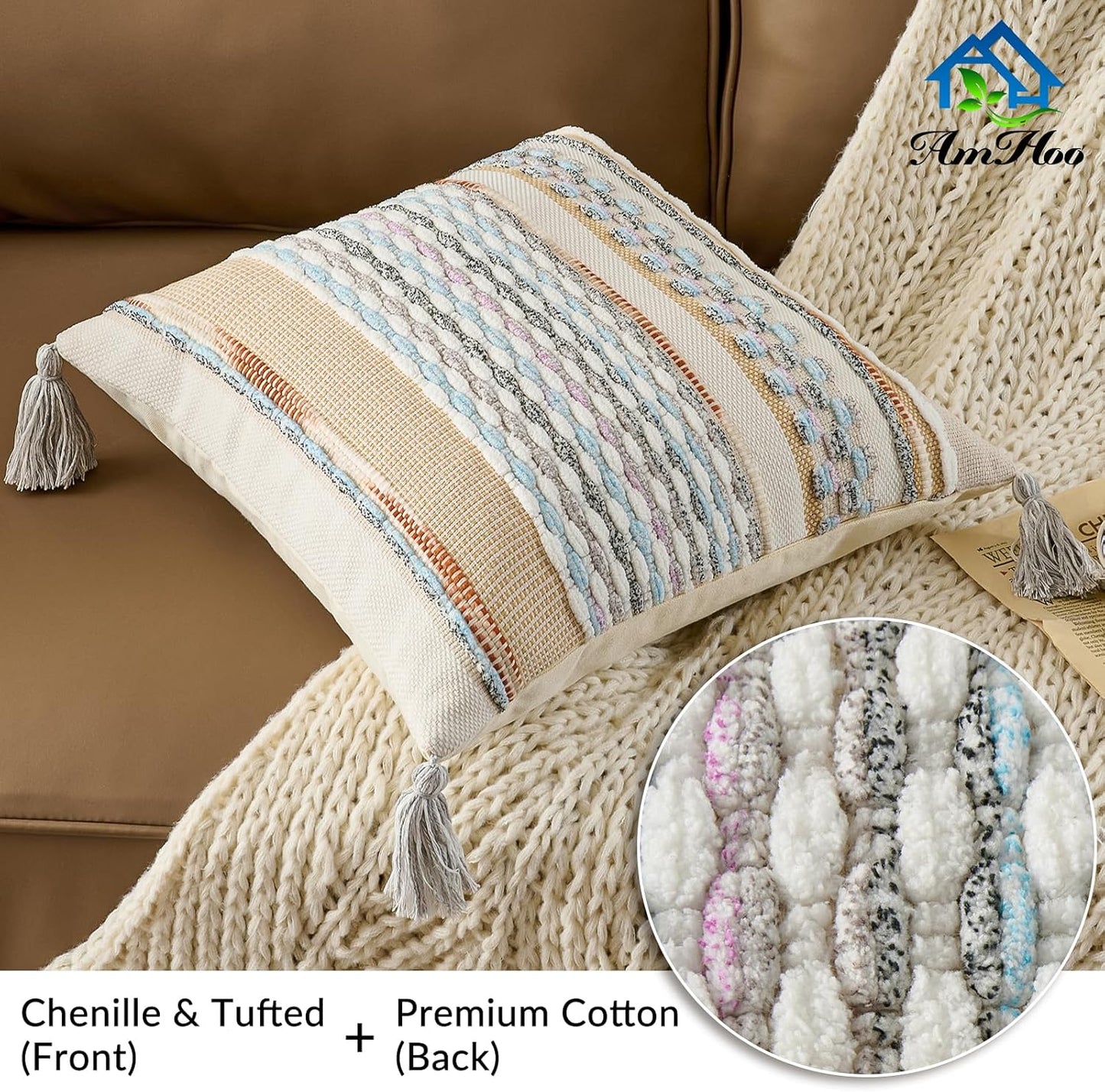 AmHoo Chenille Striped Textured Boho Throw Pillow Covers Aesthetic with Tassels Woven Decorative Pillow Case for Couch Bed Sofa Bedroom Modern Funky 18 x 18-Inch White Multicolor