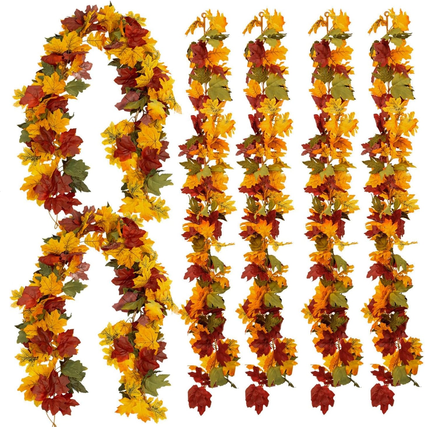 PARTY JOY 6PCS Orange Leaf Garland, 5.6Ft Halloween Garland Artificial Maple Leaf Autumn Hanging Fall Vines Thanksgiving Decorations Fall Decor