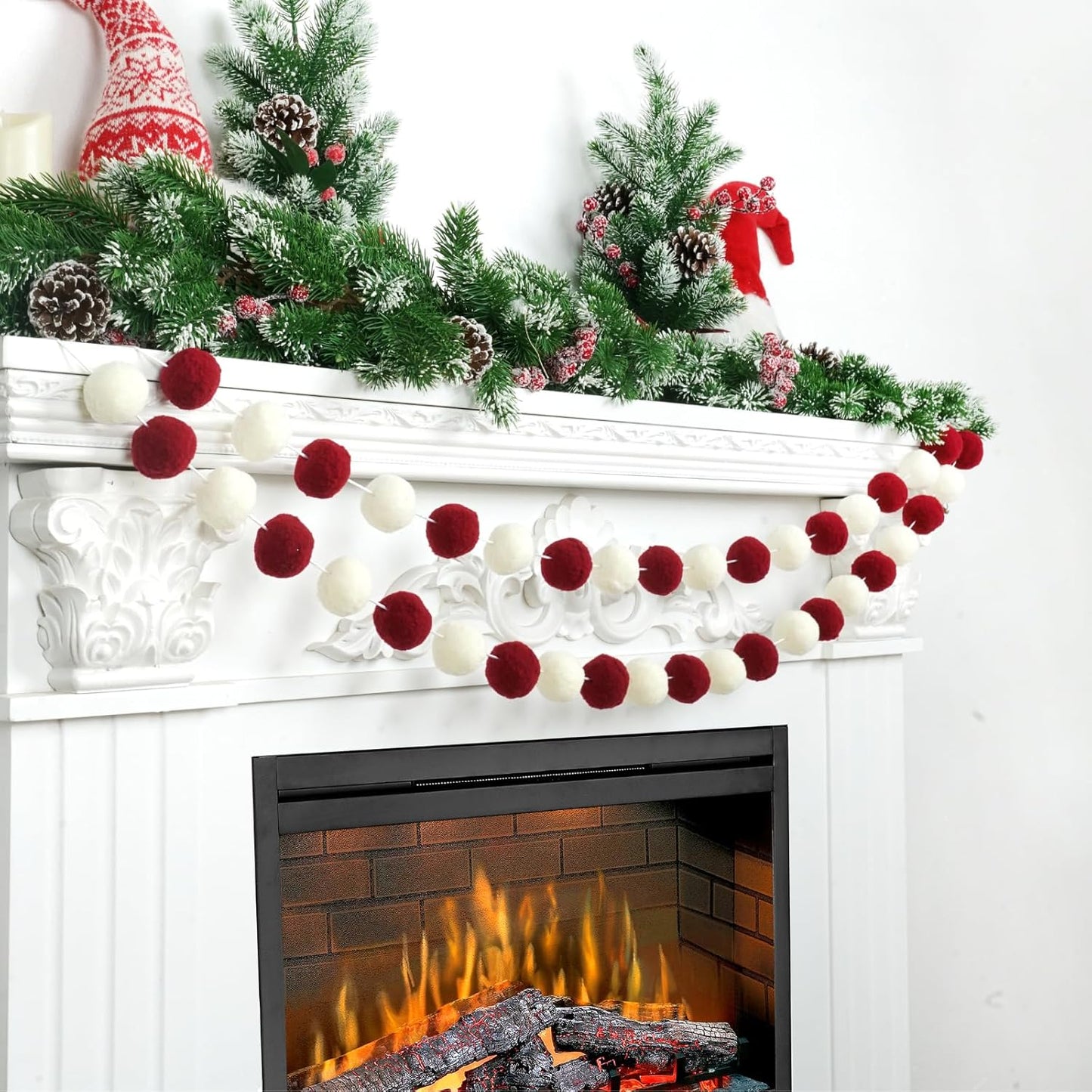 TBD Decor 2pk Red Pom Pom Garland 13FT Large Felt Ball Garland Christmas Decoration for Mantle,Indoor Holiday Wedding Birthday Party Supplies (Red&White,4cm)