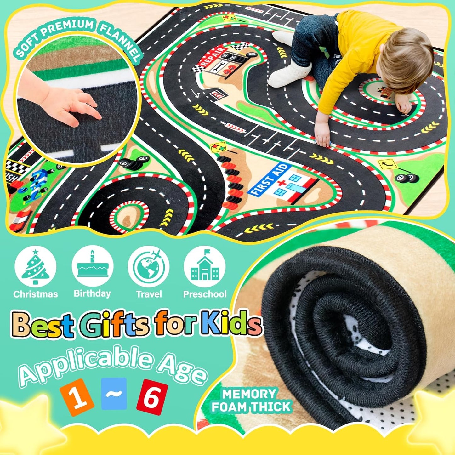 Kids Rug, Race Track Baby Play Mats, Realistic 3D Cascading Surround Route, 4x6 Ft Kids Rug for Playroom, Great for Playing with Cars and Toys, Non-Slip Car Carpet