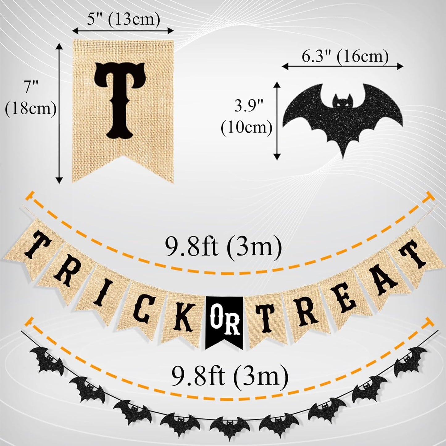 Uniwish Trick or Treat Burlap Banner Halloween Decorations for Mantel Fireplace Glitter Bat Garland Bunting Home Wall Decor Halloween Party Supplies