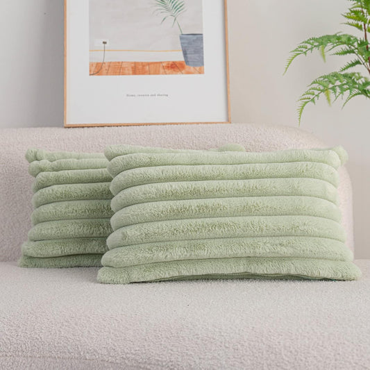 DEELAND Pack of 2,Double-Sided Faux Fur Plush Decorative Throw Pillow Covers Fuzzy Striped Soft Pillowcase Cushion Covers for Sofa Couch Bedroom Green 12x20 inch