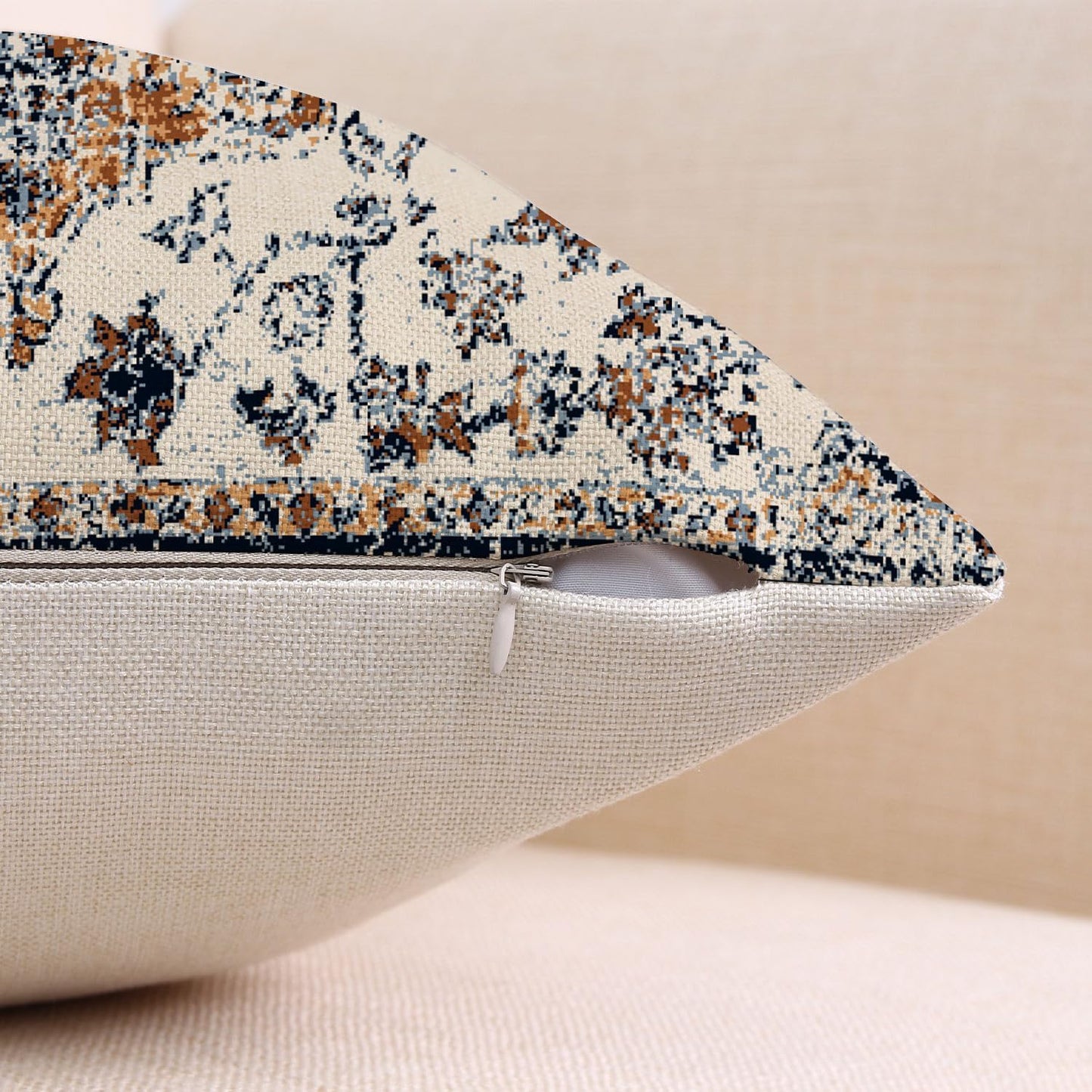 Outdoor Waterproof Pillow Set of 2 - 20x20 Inch Bohemian Vintage Carpet Pattern Pillow Covers - Gold Blue Ethnic Design - Decorative for Couch, Garden, Balcony