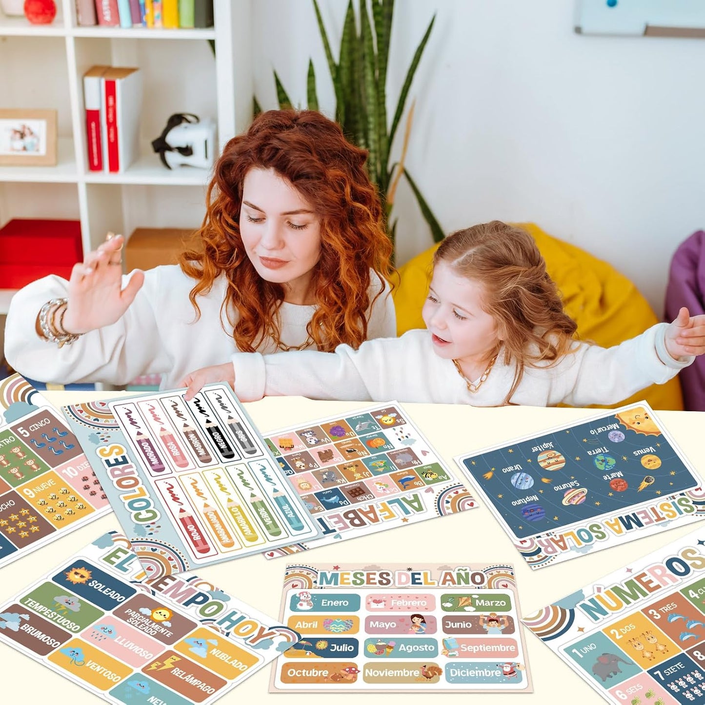 Spanish Educational Preschool Placemats Set of 6 Boho Plastic Table Mats Toddler Children Montessori Place Mats for Kids Washable Vinyl Holiday Table Decoration for Indoor Outdoor Party Kitchen Dining