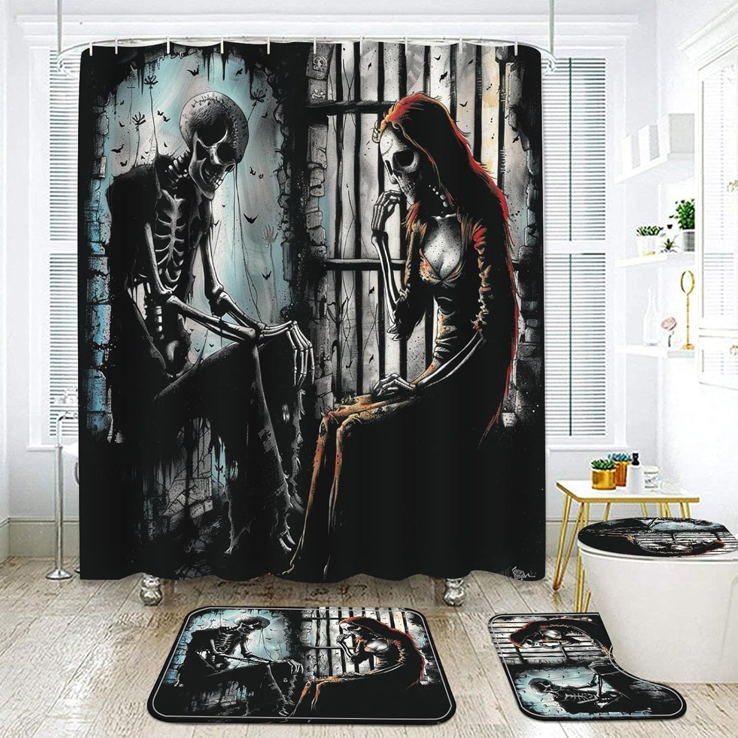 NEWSUYAA Halloween Decorations Shower Curtain Set with Non-Slip Rugs and Bath Mats,Black Skull Skeleton Bathtub Curtains with 12 Hooks,All Saints'Day (Nov 1st) Bathroom Decor