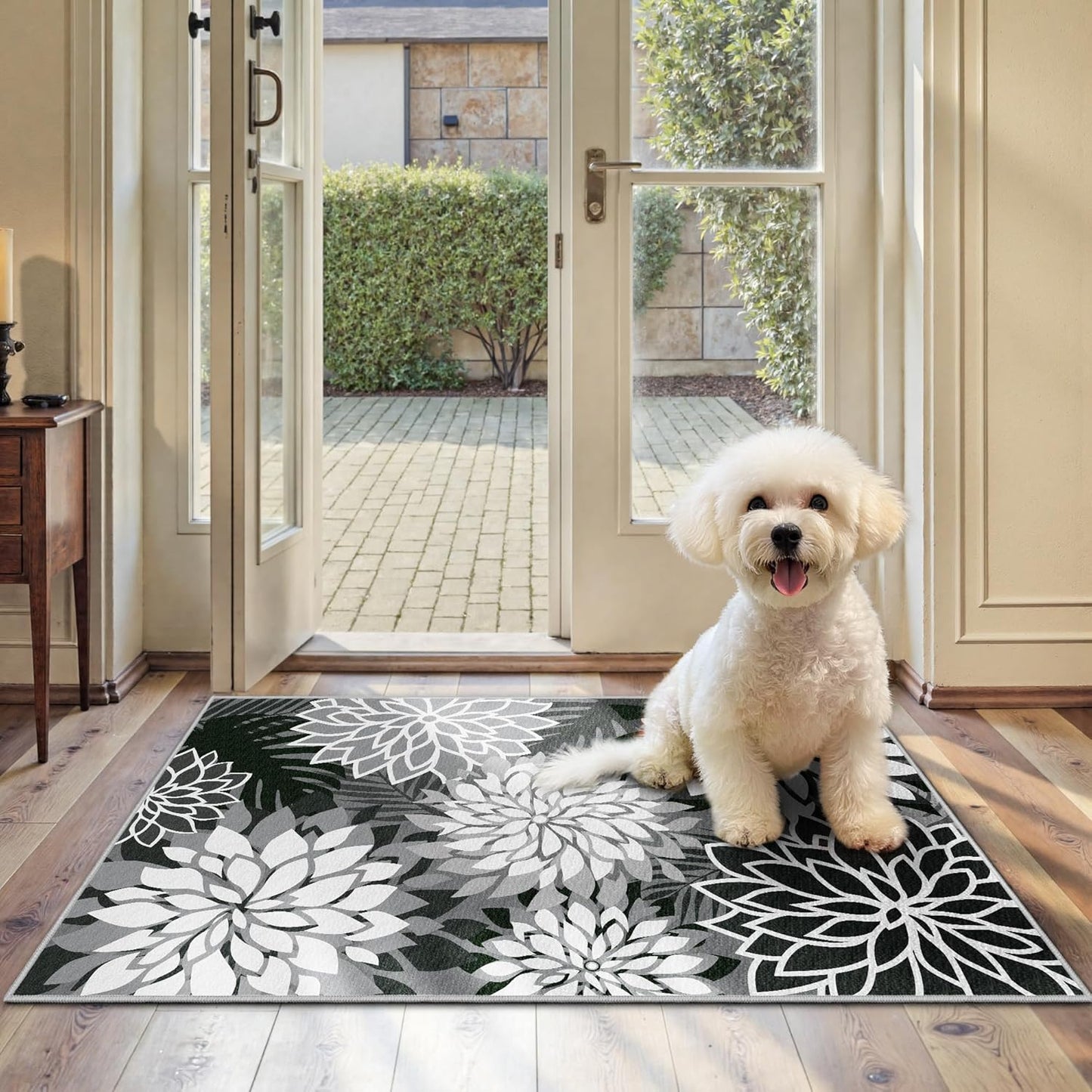 Area Rug 2x3 Black White Washable Entry Small Rug Multicolored Tropical Botanical Modern Floral Indoor Kitchen Door Mat Entrance Carpet Non Slip for Bedroom Living Room, Porch