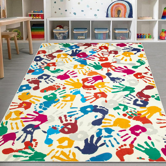STARUIA Large Colorful Kids Rug 6x9 Ft, Non-Slip Washable Rugs for Classroom, Handprints and Footprints Rugs for Playroom, Soft Nursery Rug Indoor Play Mat for Kids Room Daycare School