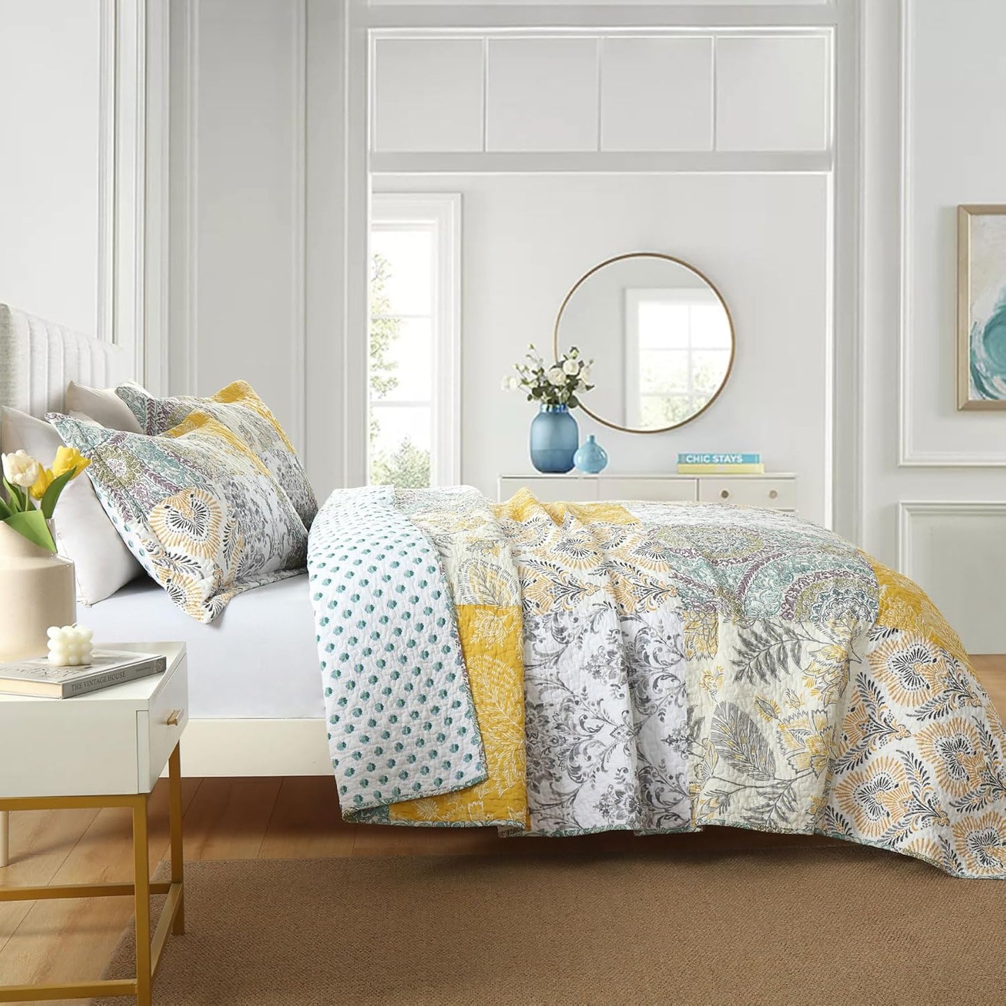 Secgo King Size Comforter Set- 100% Cotton Quilt King Size Set, Green, Sage bedspreads (96 * 108 Inch) with 2 Pillow Shams, Patchwork Reversible Lightweight Bedding