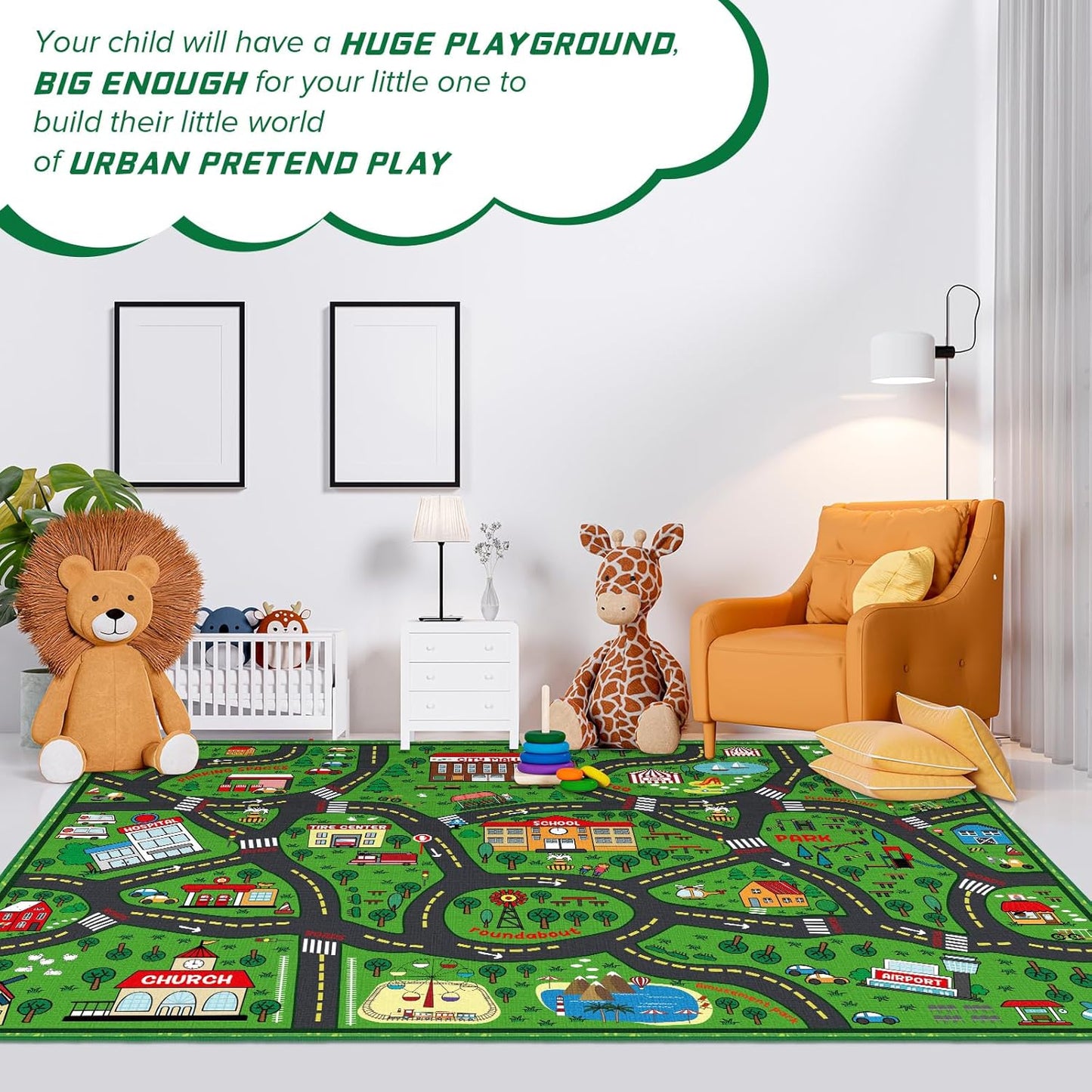 Kids Carpet Playmat Rug 6 x 9 ft Player Car Rug, City Life Traffic Road Map Mat Educational Game Area Mat for Toddler Children Playroom Classroom Bedroom(Green)