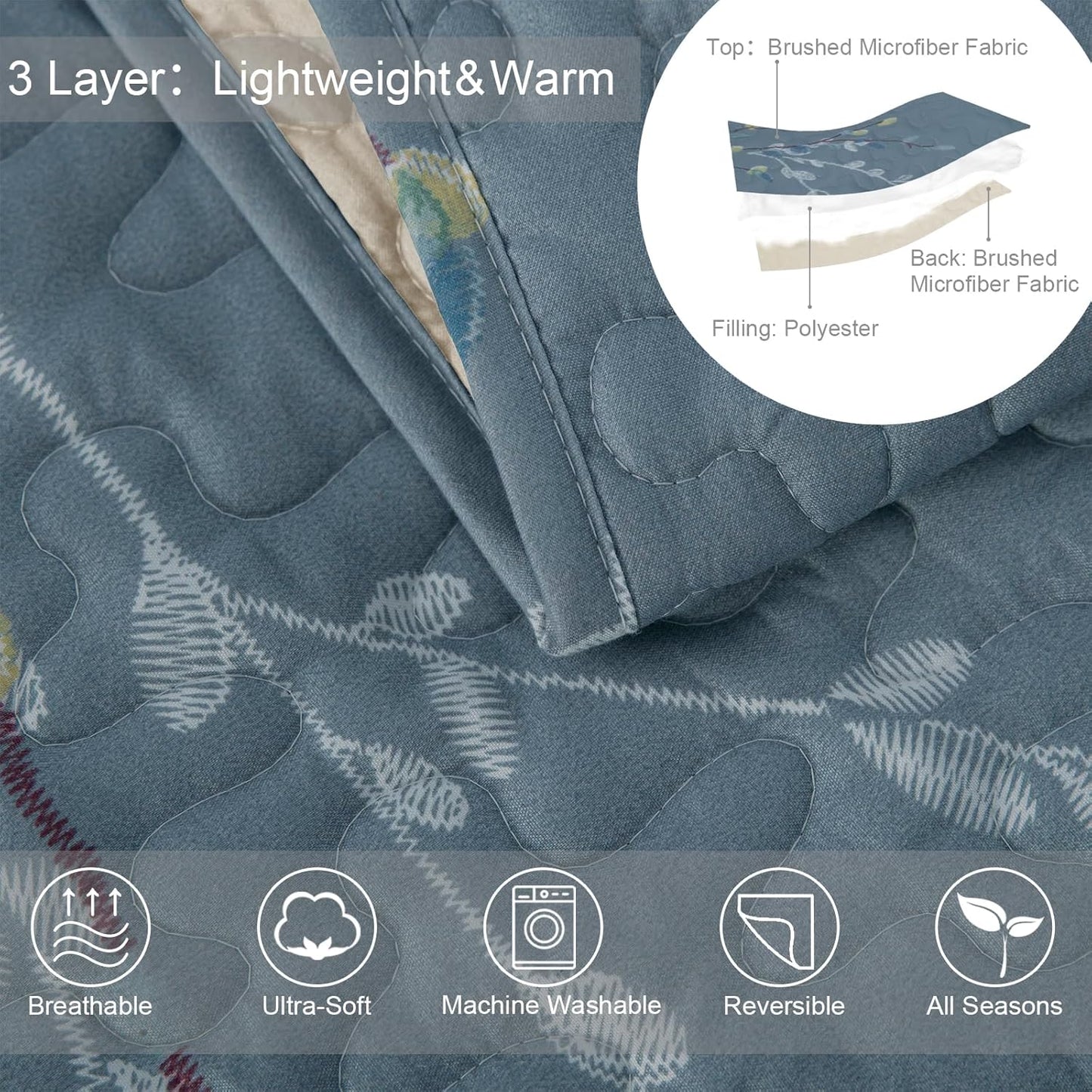 Exclusivo Mezcla Reversible Boho Quilt Set King Size, 3 Pieces Flowers Blue All Season Bedspreads, Ultra Soft Floral Coverlet Bedding Set with Printed Pattern (1 Quilt, 2 Pillow Shams)