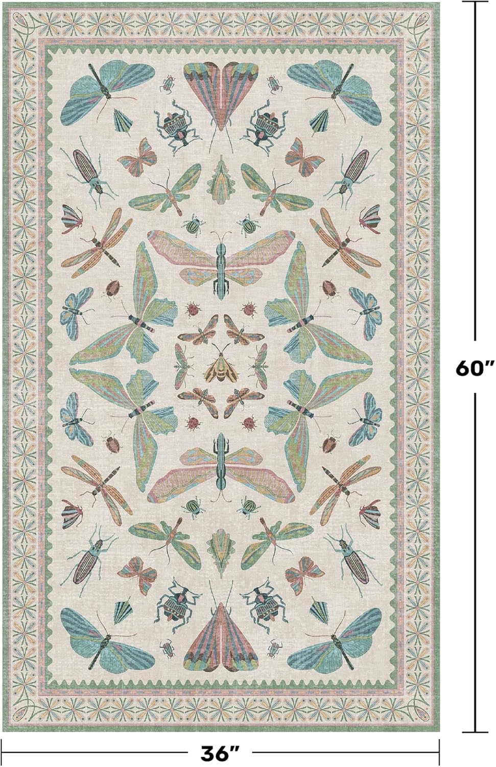 Washable Sage Green Large Entryway Rug, 3x5 Area Rugs for Laundry Room, Kitchen, Bedroom, Dorm, Insect Print Vintage Floral Non-Slip Throw Rug Low Pile Stain Resistance