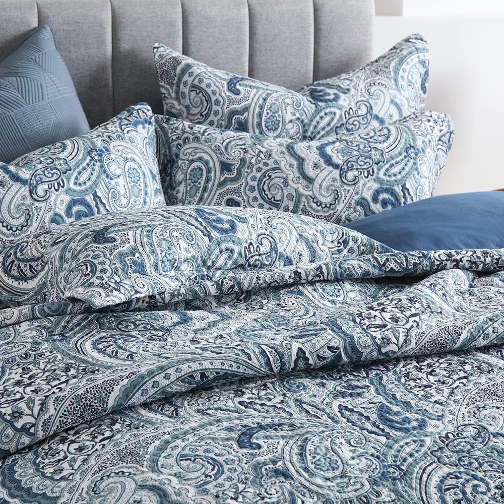 Autumn Dream Cotton Bedspread Quilt Sets, 3 Pieces Reversible Comforter Coverlet Sets,Blue Floral Paisley Bedspread,King Size