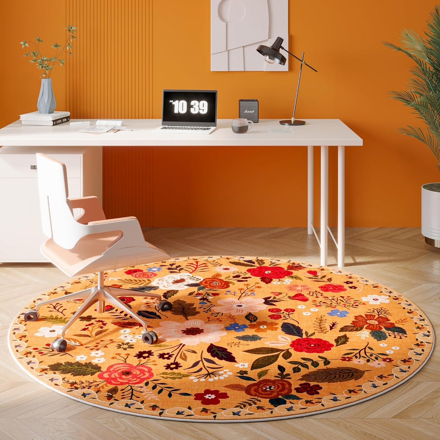 Round Rug 4ft Washable Circle Rug Non Slip Low Pile Boho Floral Small Circular Rug for Bedroom, Bathroom, Entryway, Kids Room, Office, College Dorm(Yellow)